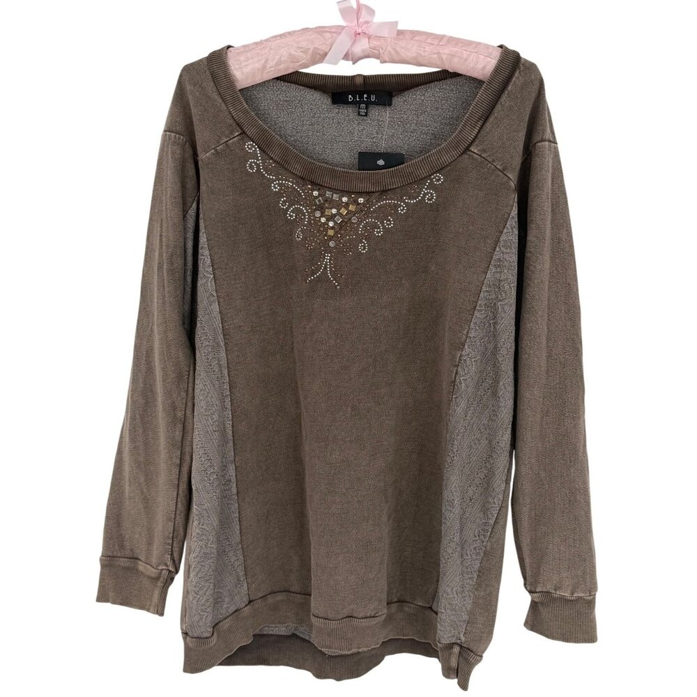 Vtg 90s NWT B.L.E.U. Studded Lace Trim Sweatshirt | Y2K Grandmacore Boho Grunge - Picture 2 of 16